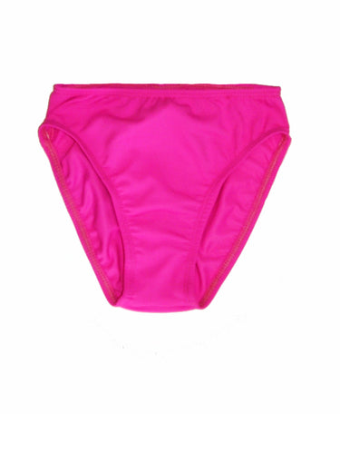 A pink girls' swim brief with elastic waistband, made from chlorine resistant fabric.