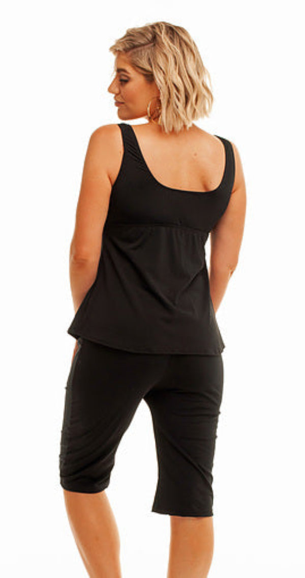 Tankini Swim Top Bow Tie Chlorine Resistant - Black Gathered Teal Palm Print Front Panel Size 10