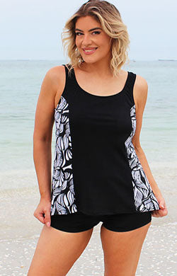 Tank Top Chlorine Resistant Swimwear - Black with printed side panels in Plus Size (26-32)