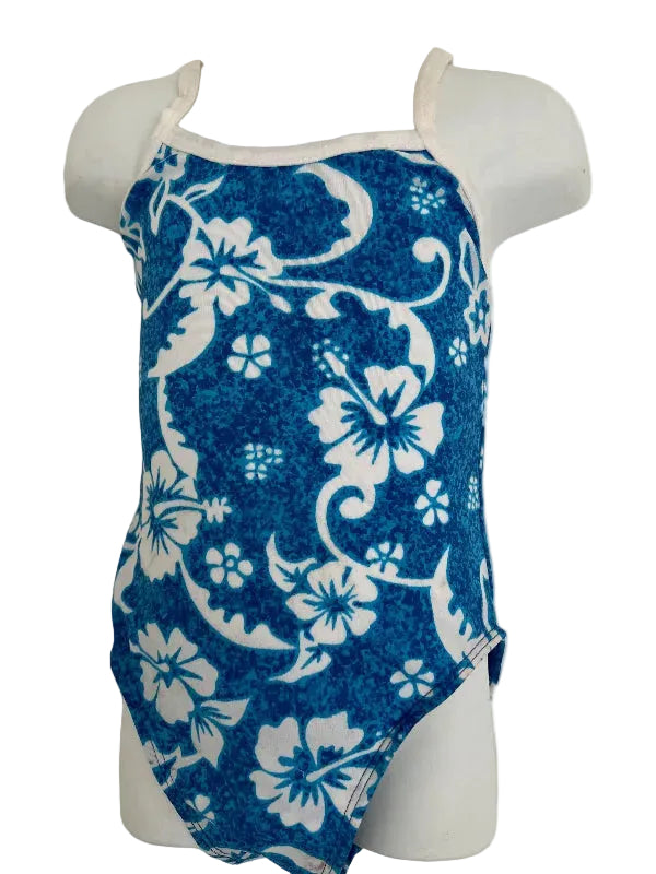 Girls One Piece swimsuit with Blue white floral patterns