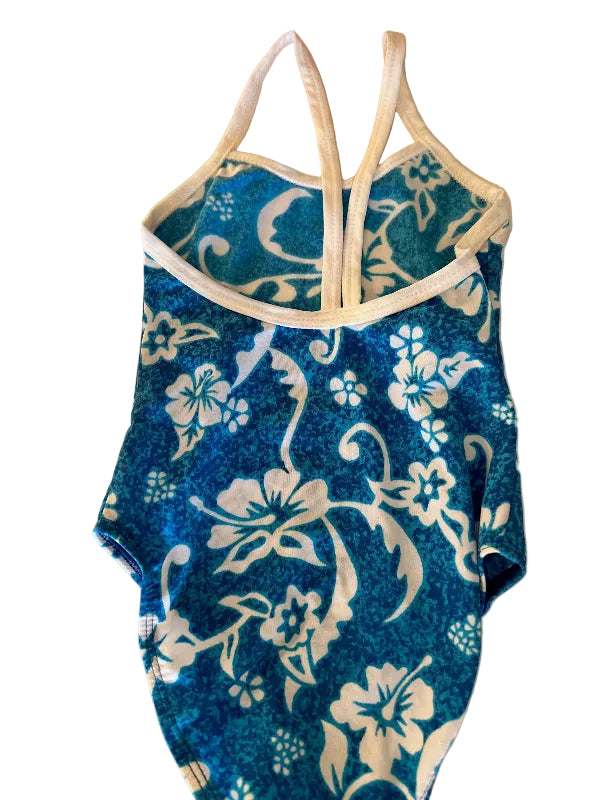 Girls One Piece swimsuit with Blue white floral patterns