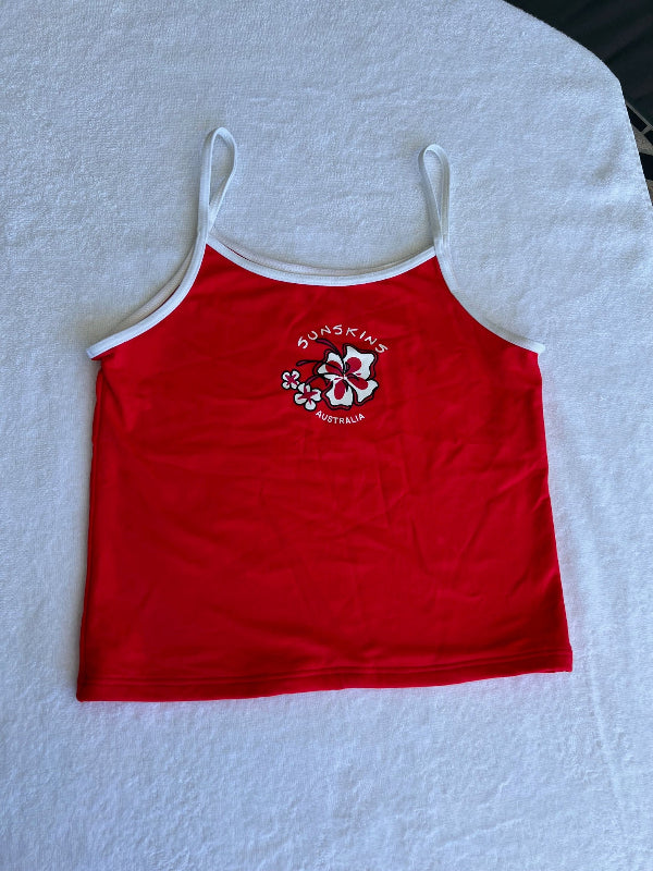 Girls red tank top swimwear with a white logo