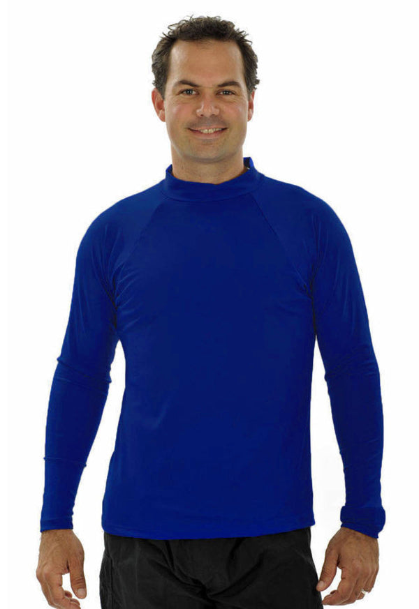 Man wearing a blue long-sleeve rash shirt Chlorine Resistant