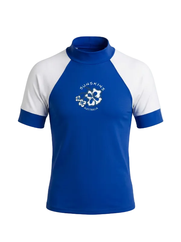 Blue and white rash shirt with a flower logo