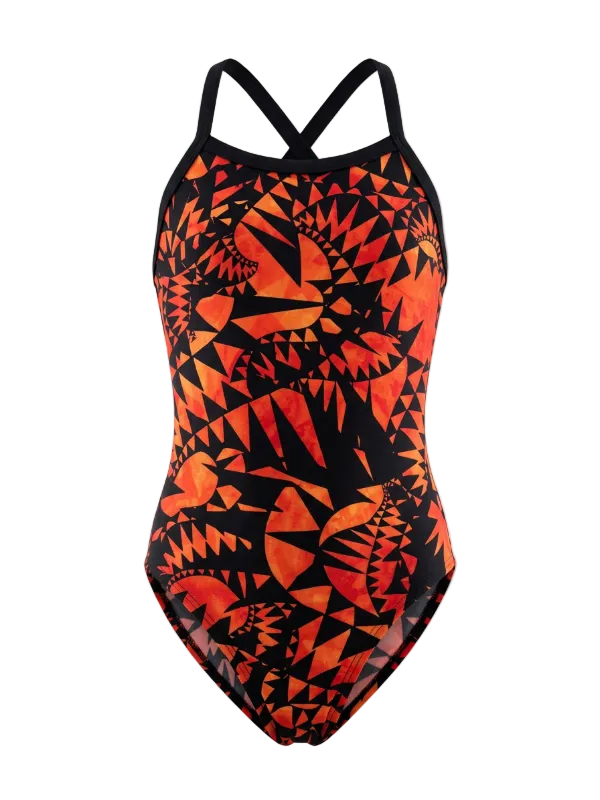 Girls One-piece swimsuit with black and orange geometric pattern