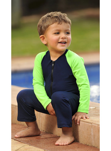 Boys Sunsuit Bodysuit Zip Front - Navy and Lime Long Sleeves