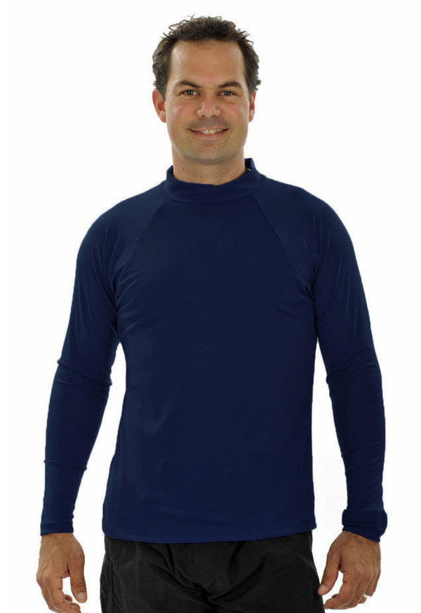 Man wearing a navy long-sleeve rash shirt Chlorine Resistant