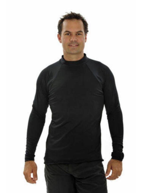 Man wearing a black long-sleeve rash shirt Chlorine Resistant