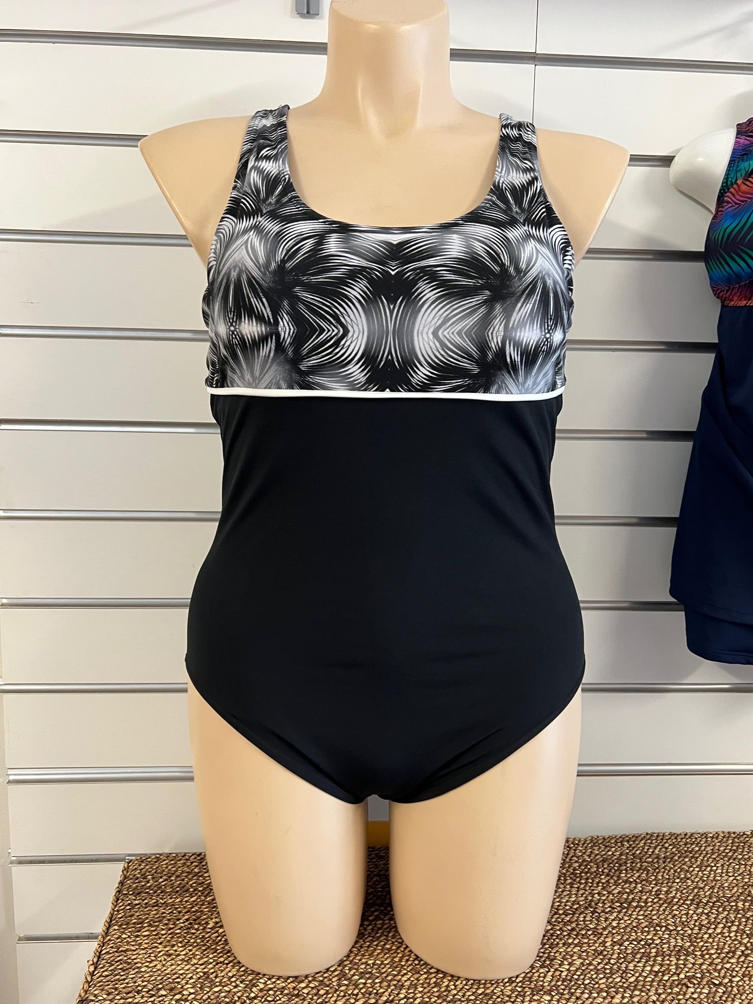 One Piece Swimsuit - Chlorine Resistant - Black with Elite Print Bodice Size 18