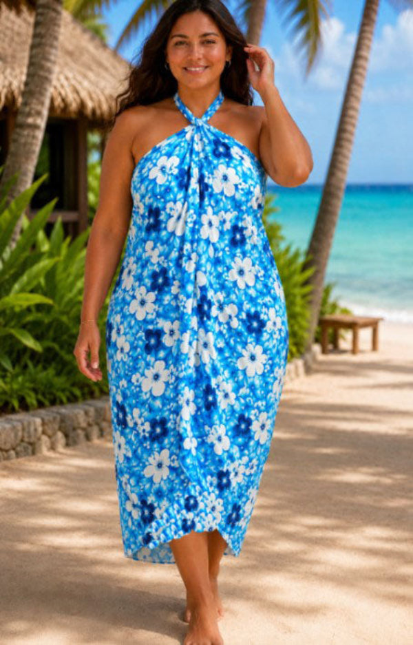 Women BLue Floral Halter Tube Sarong Resort Dress
