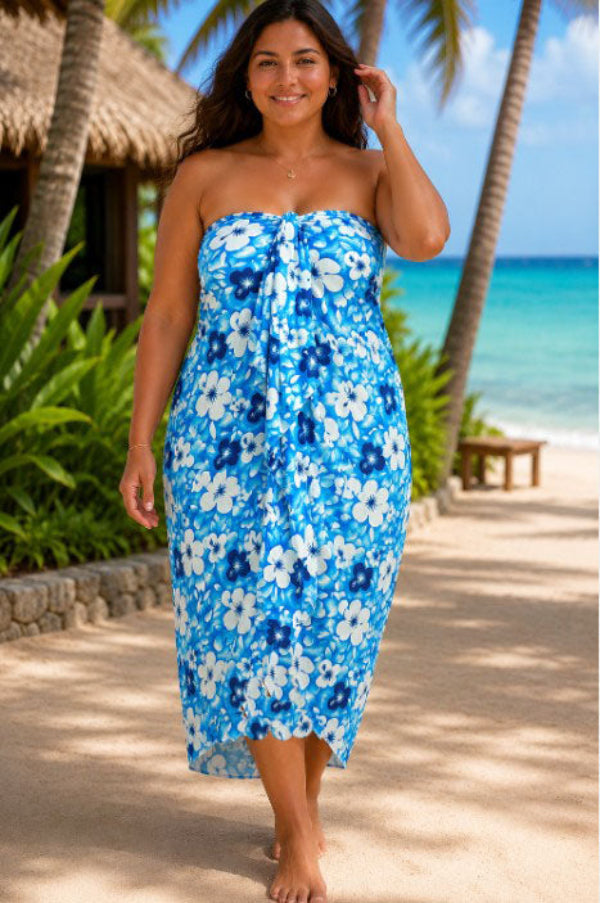 Women Blue Floral Tube Sarong Resort Dress