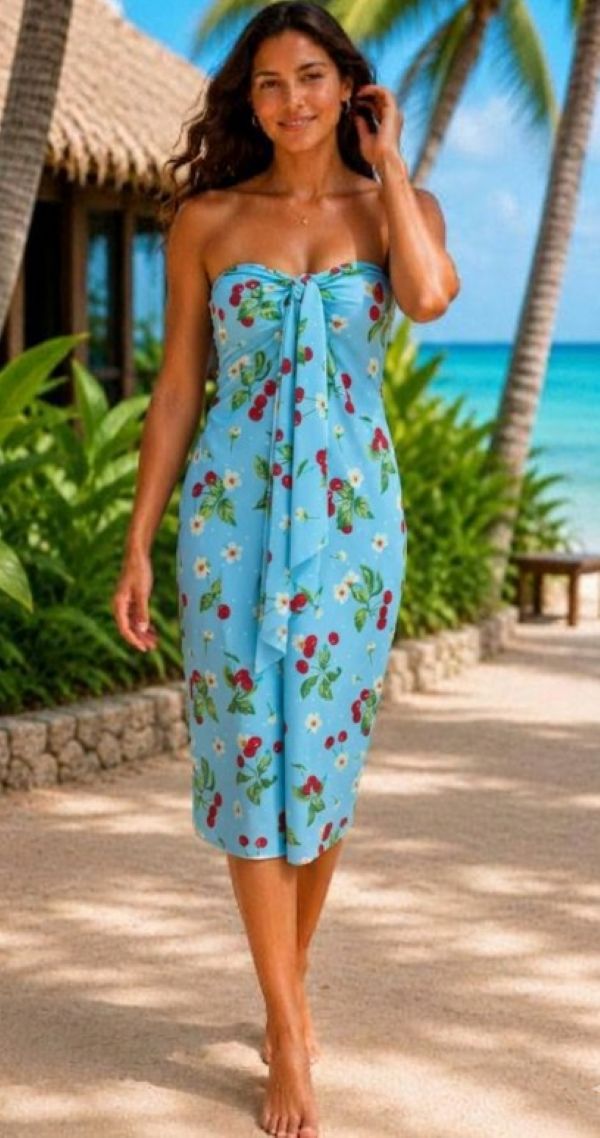 Viva Swim Resort Dress Sky BLue Cherry Floral Print