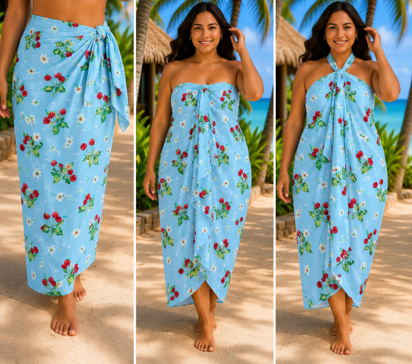 Woman wearing a blue floral dress on a tropical beach