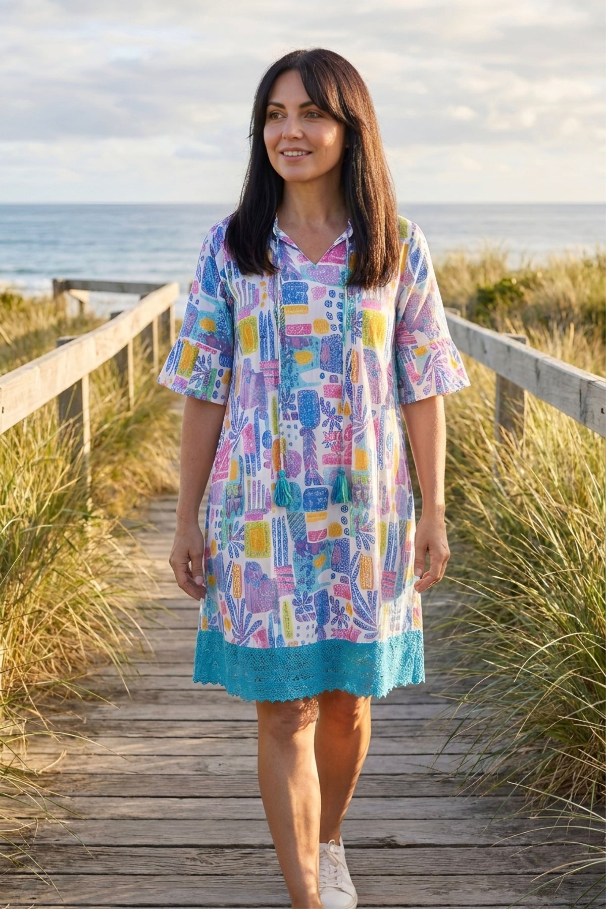 Women Hannah Tunic Boho Cotton Dress in Tropical blocks Blue print