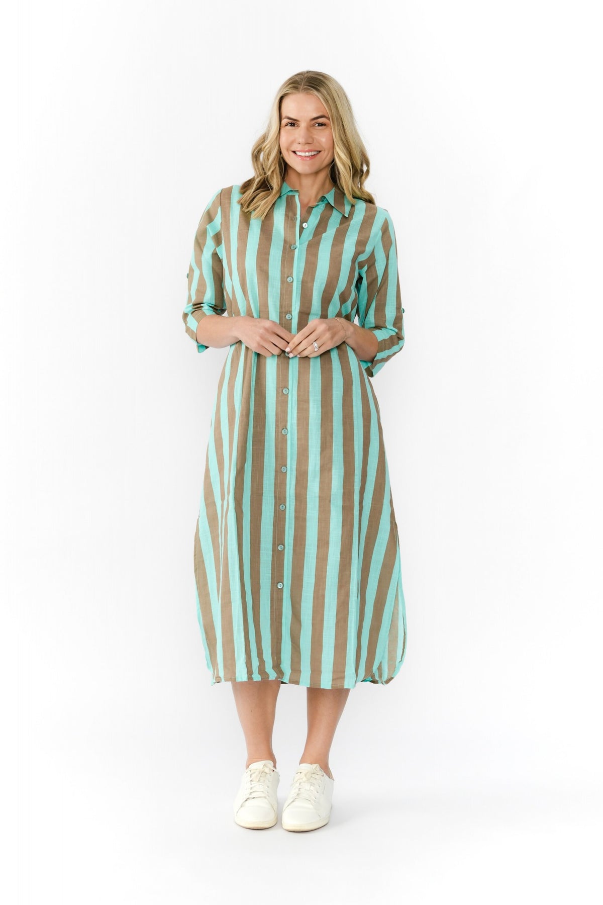 Women cotton shirt dress in stripe mocha and sky long length