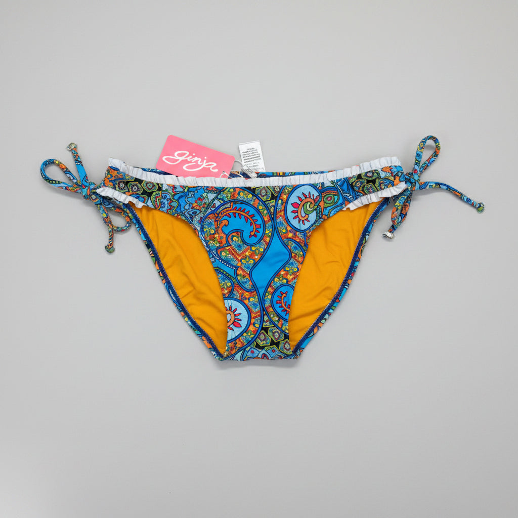 Ginja bikini bottom with a colorful blue, orange, and yellow paisley pattern
