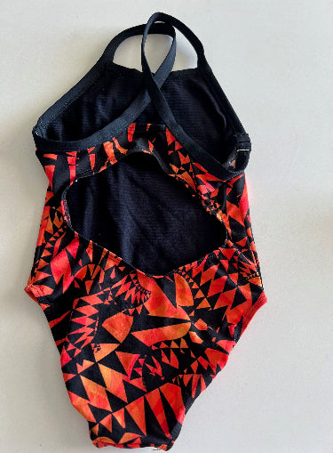Girls One Piece Racing Bather Swimsuit - Chlorine Resistant - Orange Black Print Size 6