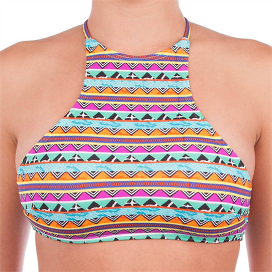 Women Tbar bikini Top colorful halter bikini top with a vibrant geometric and tribal-inspired pattern featuring pink, orange, teal, yellow, and black stripes.