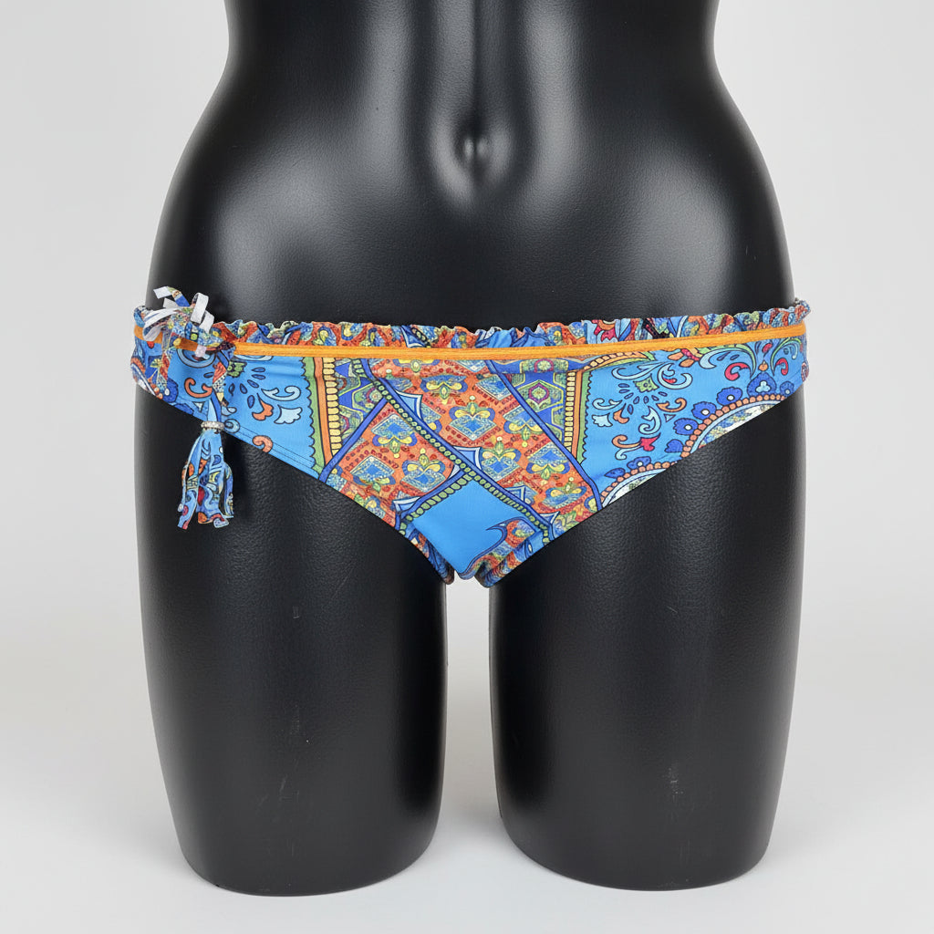 Ginja bikini bottom with a colorful blue, orange, and yellow paisley pattern