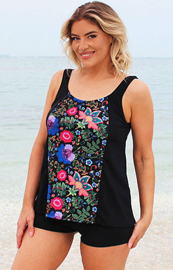 Tank Top Chlorine Resistant - Black with Tahiti Print front panel