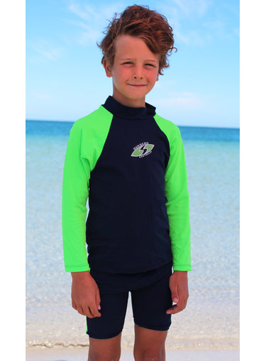 Boys Rash Shirt - Chlorine Resistant Navy with Lime Long Sleeves