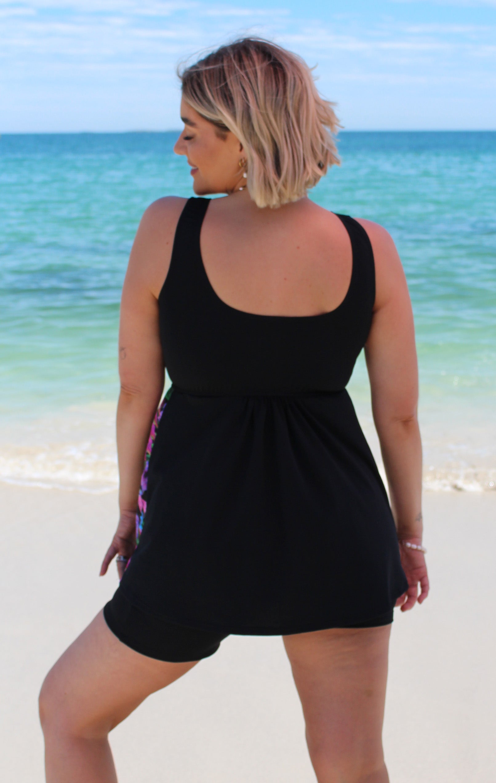 Swing Tankini Square Neck Top Chlorine Resistant - Black with Jamaica print side panels