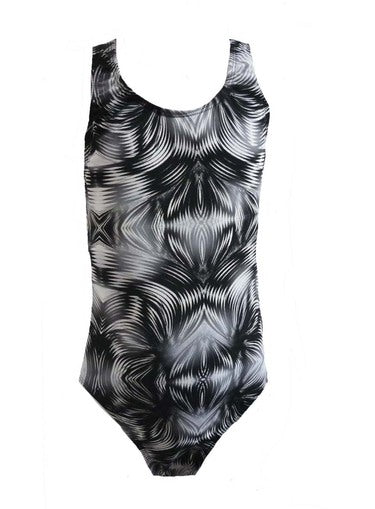 Girls One Piece Racing Bather Swimsuit - Chlorine Resistant - Elite Black Print