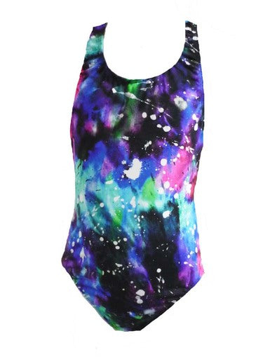 Girls One Piece Racing Bather Swimsuit - Chlorine Resistant - Galaxy Print