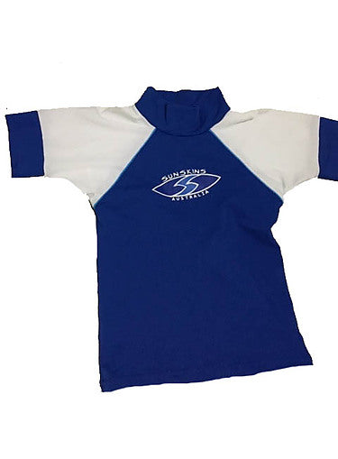Blue and white Child Rash Guard shirt with Sunskins Australia logo 