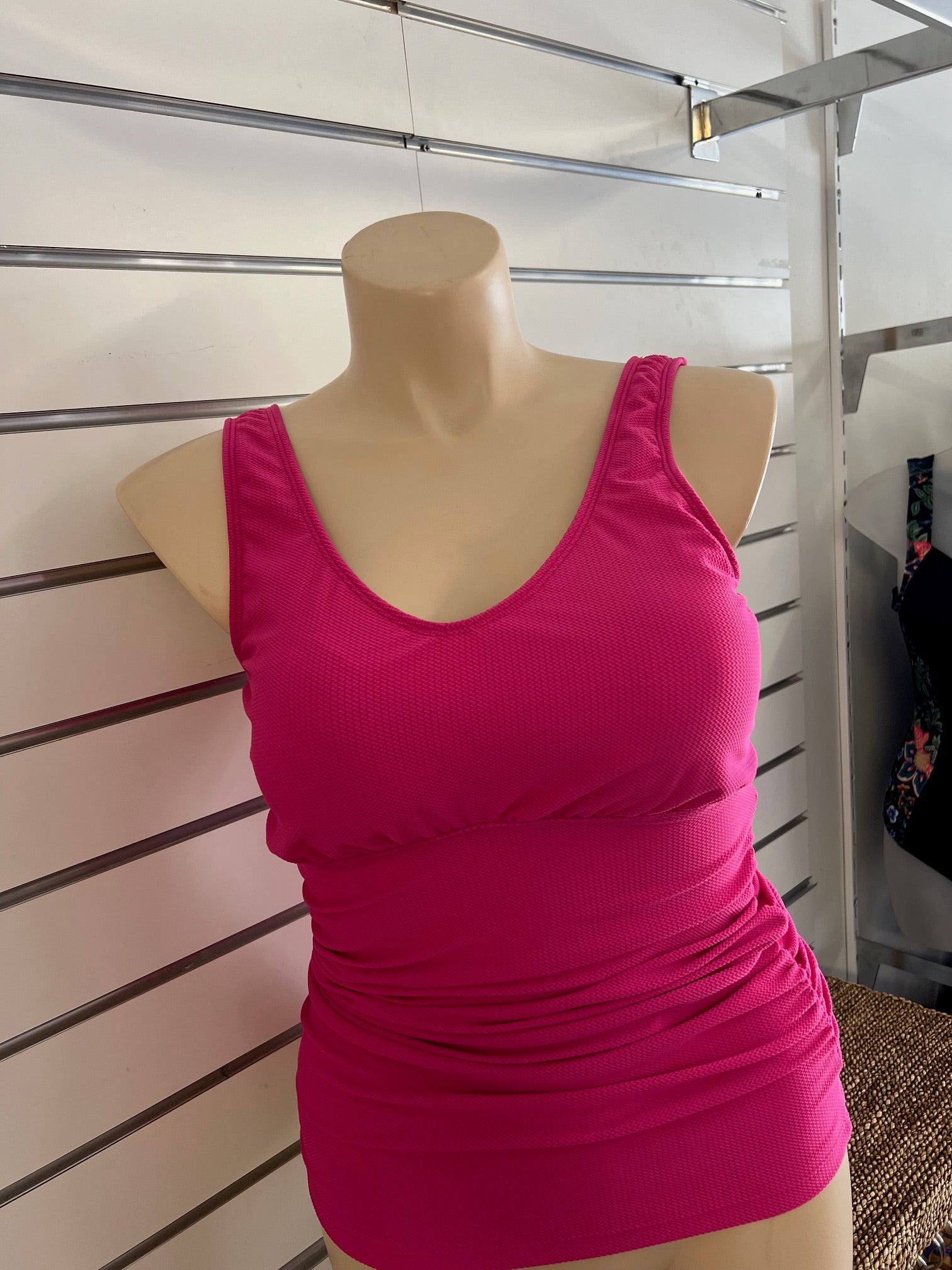 Gathered Sides Tankini Top - Pink Textured Lycra Size 14