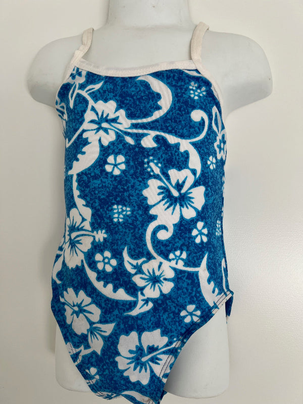 Girls One Piece swimsuit with Blue white floral patterns 