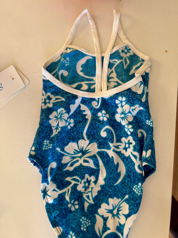 Girls One Piece swimsuit with Blue white floral patterns 