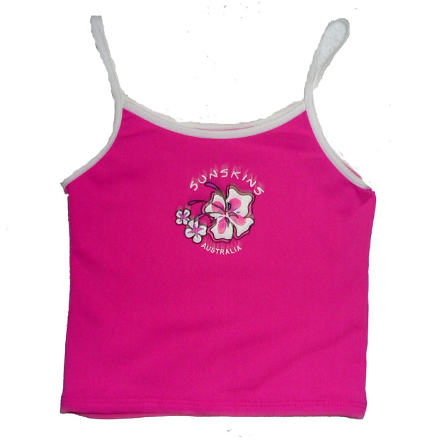 Girls Pink tank top with floral design and 'Sunkskins Australia' logo