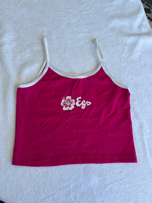 Girls pink tank top with white floral Ego Logo