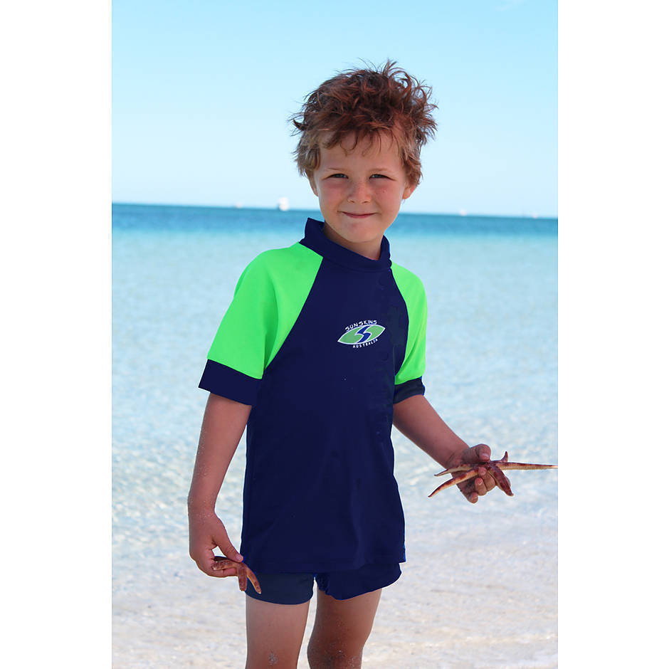 Boys Rash Shirt - Chlorine Resistant Navy with Lime Sleeves Sizes 12 & 14