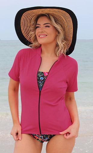 Zip Short Sleeve Rash - Chlorine Resistant SPF50+ S - XL Dark Pink