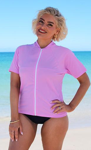 Zip Short Sleeve Rash - Chlorine Resistant SPF50+ S - XL Pink