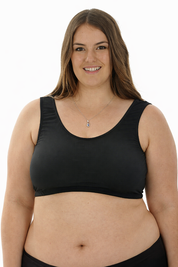 Woman wearing a black swim bra 