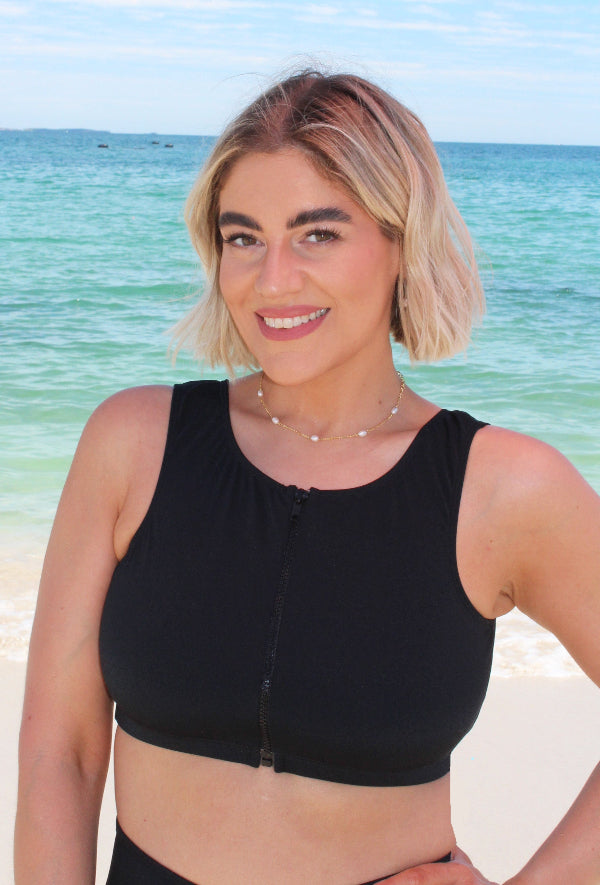 Women Swim Crop Top zipper front black