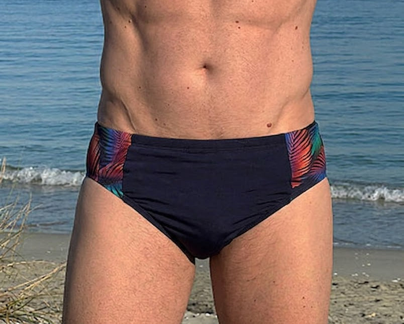 Mens Swim Briefs Navy with Miami Print