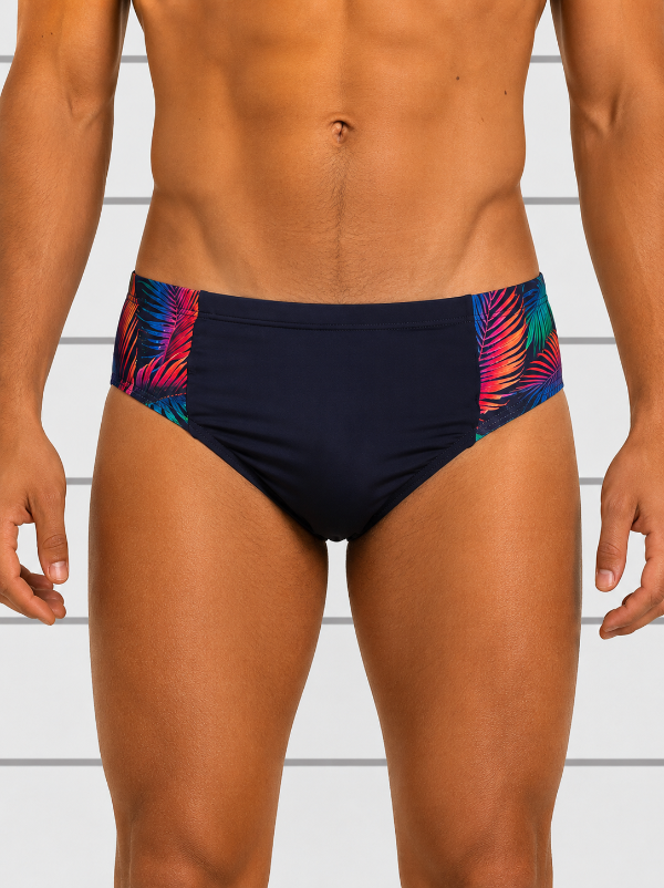 Mens Swim Brief Navy with Print side panels