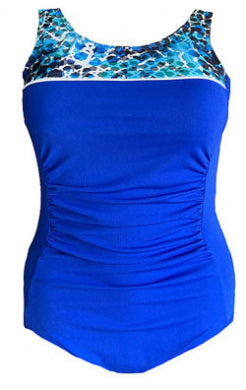 One Piece Chlorine Resistant - Gathers - Blue with print bodice