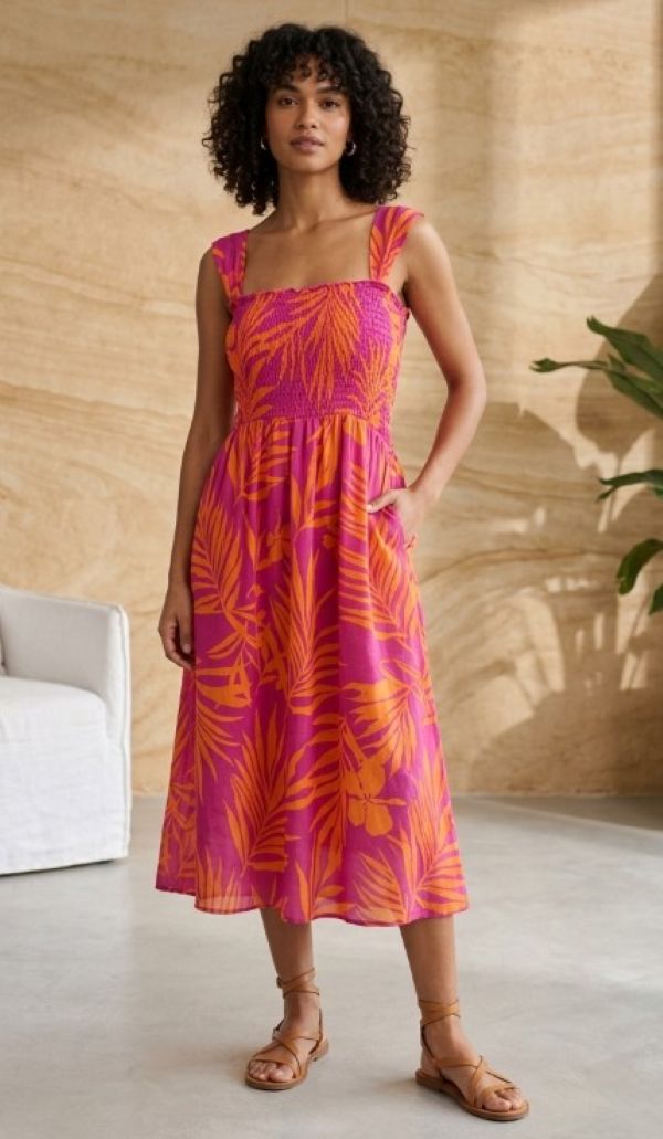 Sun dress botanical midi dress pink and orange