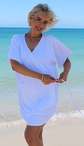 Towelling Wrap Kaftan - White 100% cotton