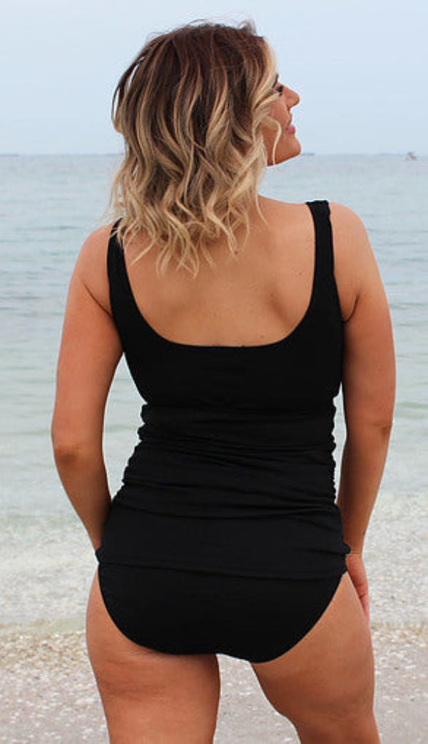 Square Neck Tankini Top with Ruching Chlorine Resistant - Black, Blue or Cocoa