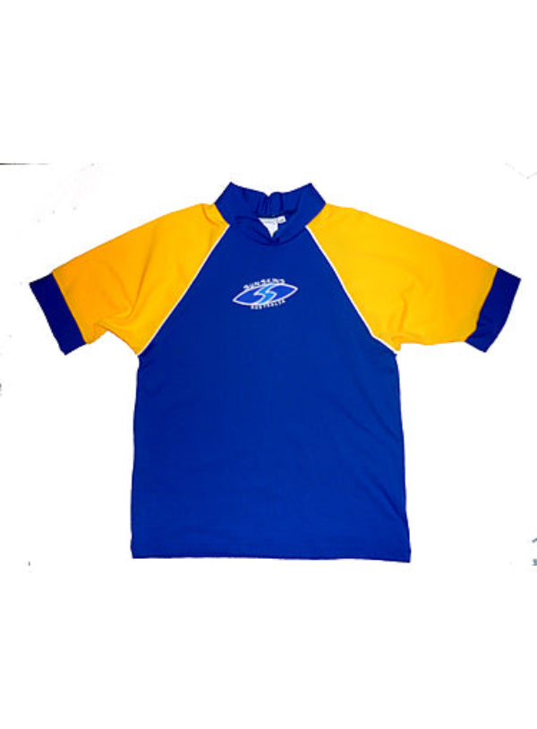 Blue and yellow rash guard with Sunskins Australia logo 