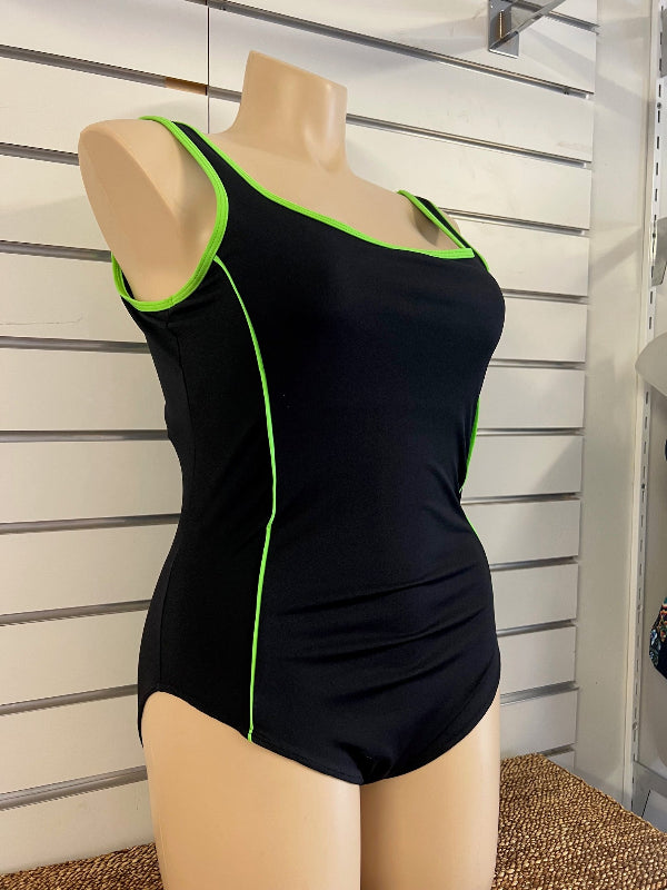 Womens One Piece Swimsuit black with lime trim
