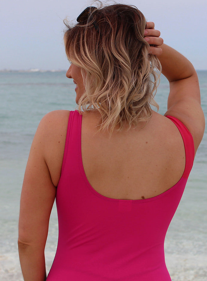 One Piece Chlorine Resistant - Gathers Pink with Tahiti print side panels