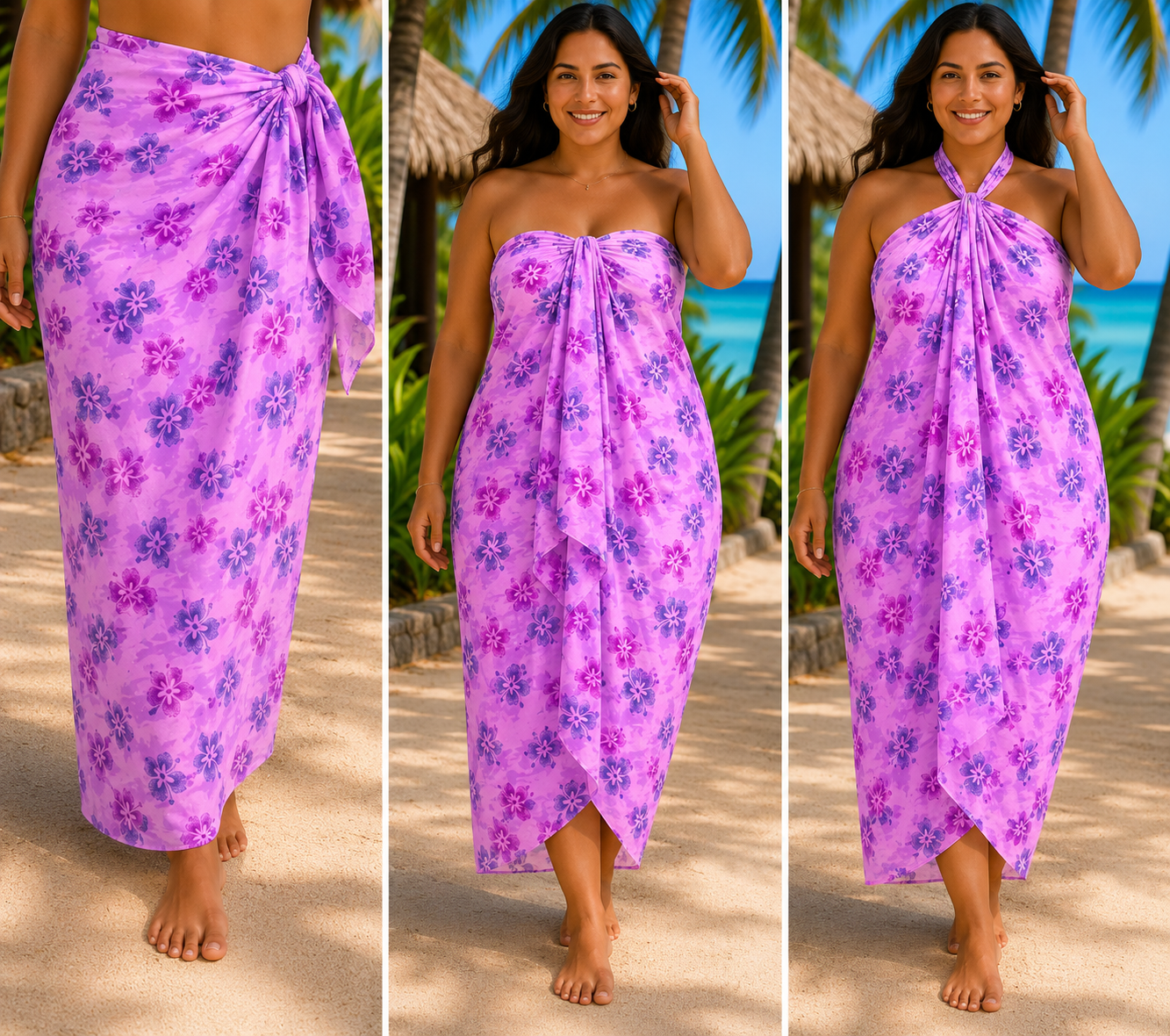 Woman wearing a pink & lilac floral dress on a beach with palm trees in the background