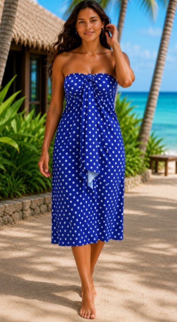 Woman in a blue polka dot resort dress Tube Sarong